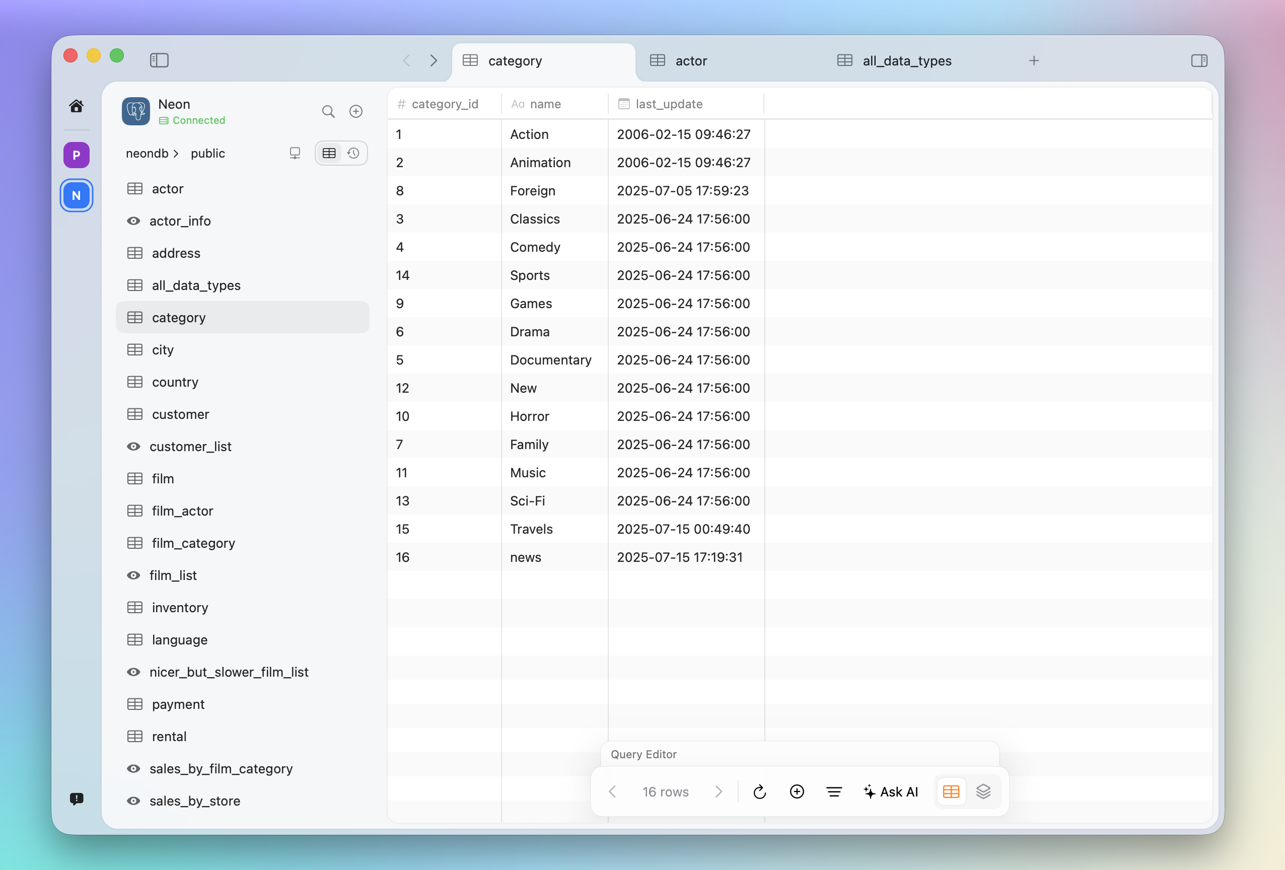 Pluk table browser showing schema, rows, and query editor
